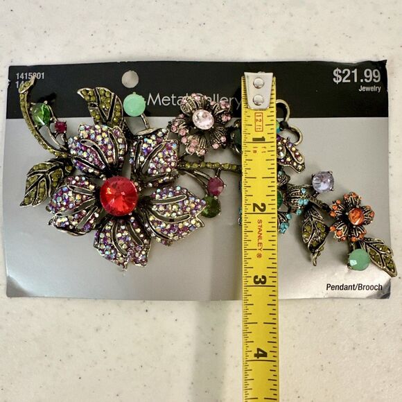 Multi-Colored Flower & Rhinestone Brooch 6x3 inches # 1415801 Aqua Red Pink Blue - Picture 5 of 5
